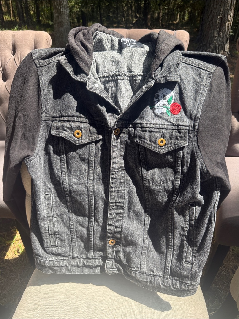 Black Hooded Denim Jacket with Skull & Rose Patch